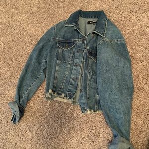 Express Cropped Denim Jacket with Frayed Hem